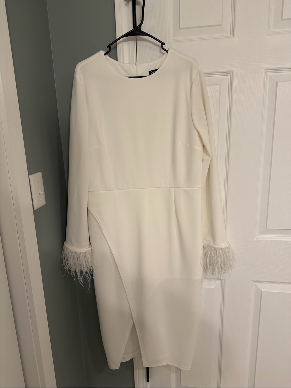 Women's White Long Sleeve Dress with Feather Cuffs